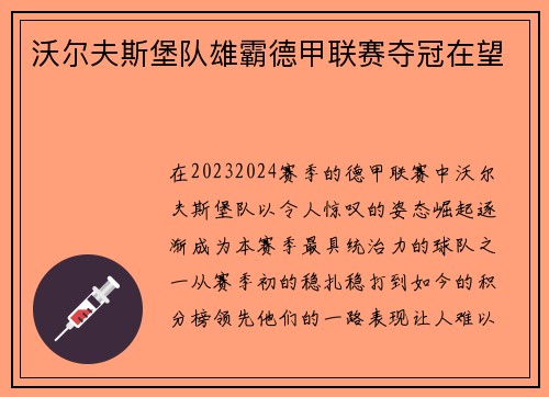 沃尔夫斯堡队雄霸德甲联赛夺冠在望